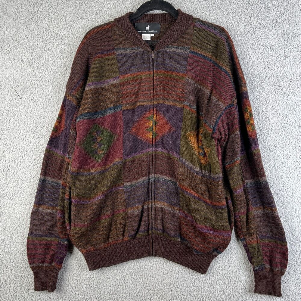 VTG Peruvian Connection Sweater Mens Large 100% Alpaca Wool Full Up Jacket